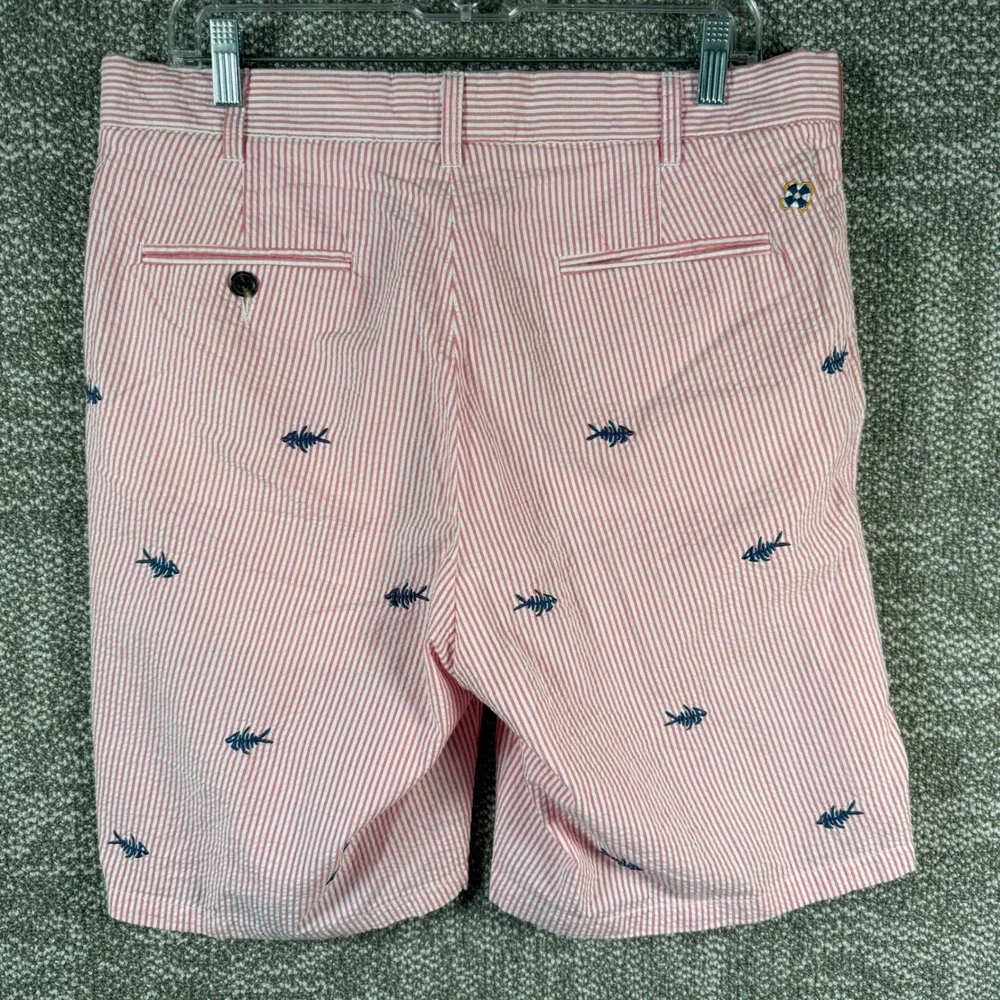 Castaway Nantuckit Seersucker‎ Shorts Mens 34 Red Stripe Fish Bone Embroidered